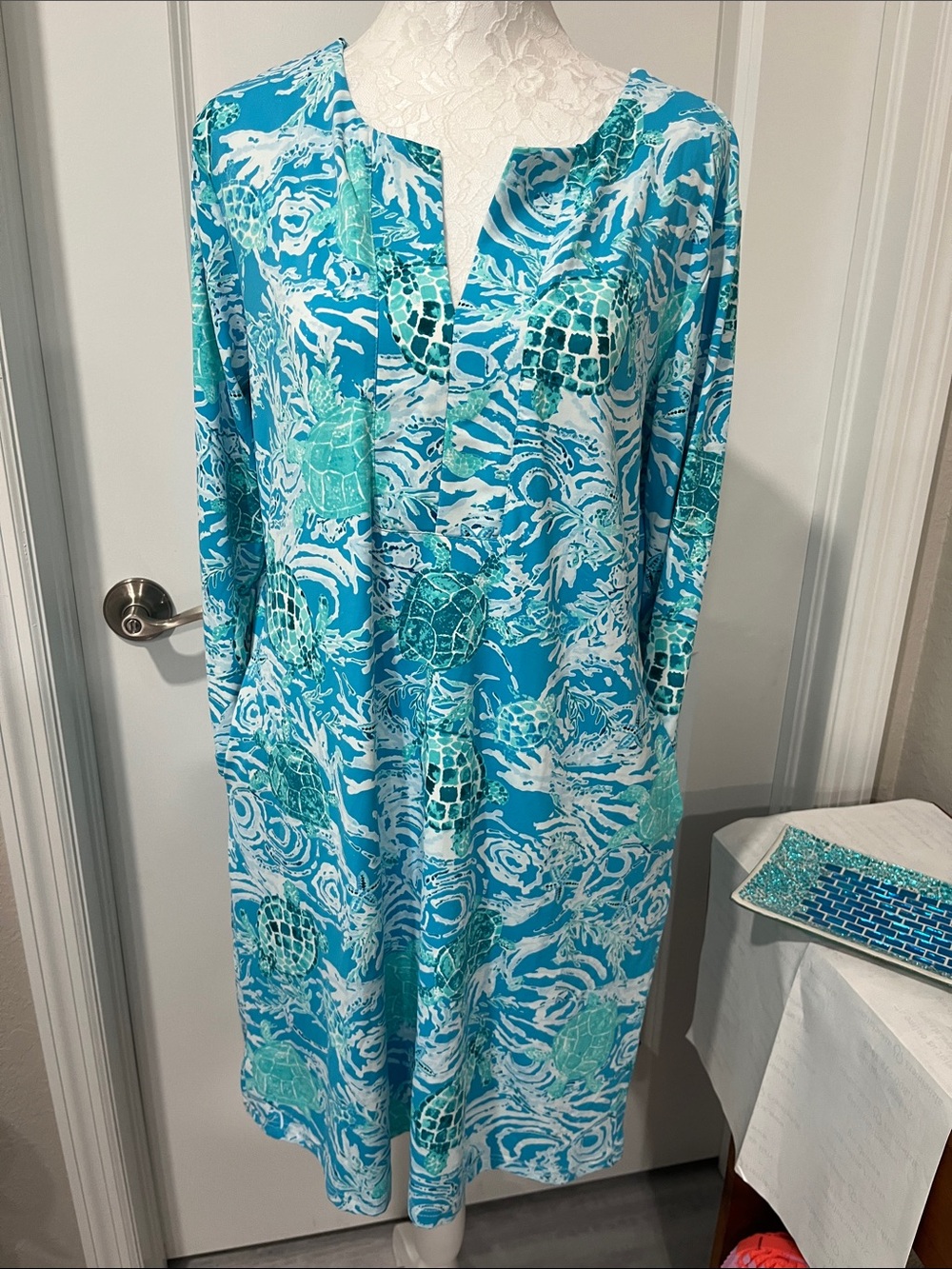 Banana Boat Aqua & Turquoise Printed Notch-Neck Midi Dress